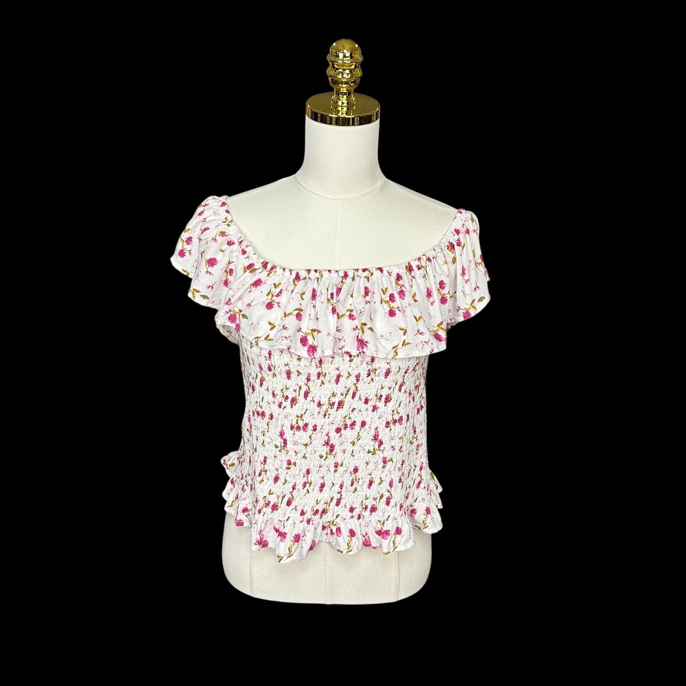 NWT Womens Floral‎ Smocked Off-the-Shoulder Ruffle Top White Pink LG Cottagecore